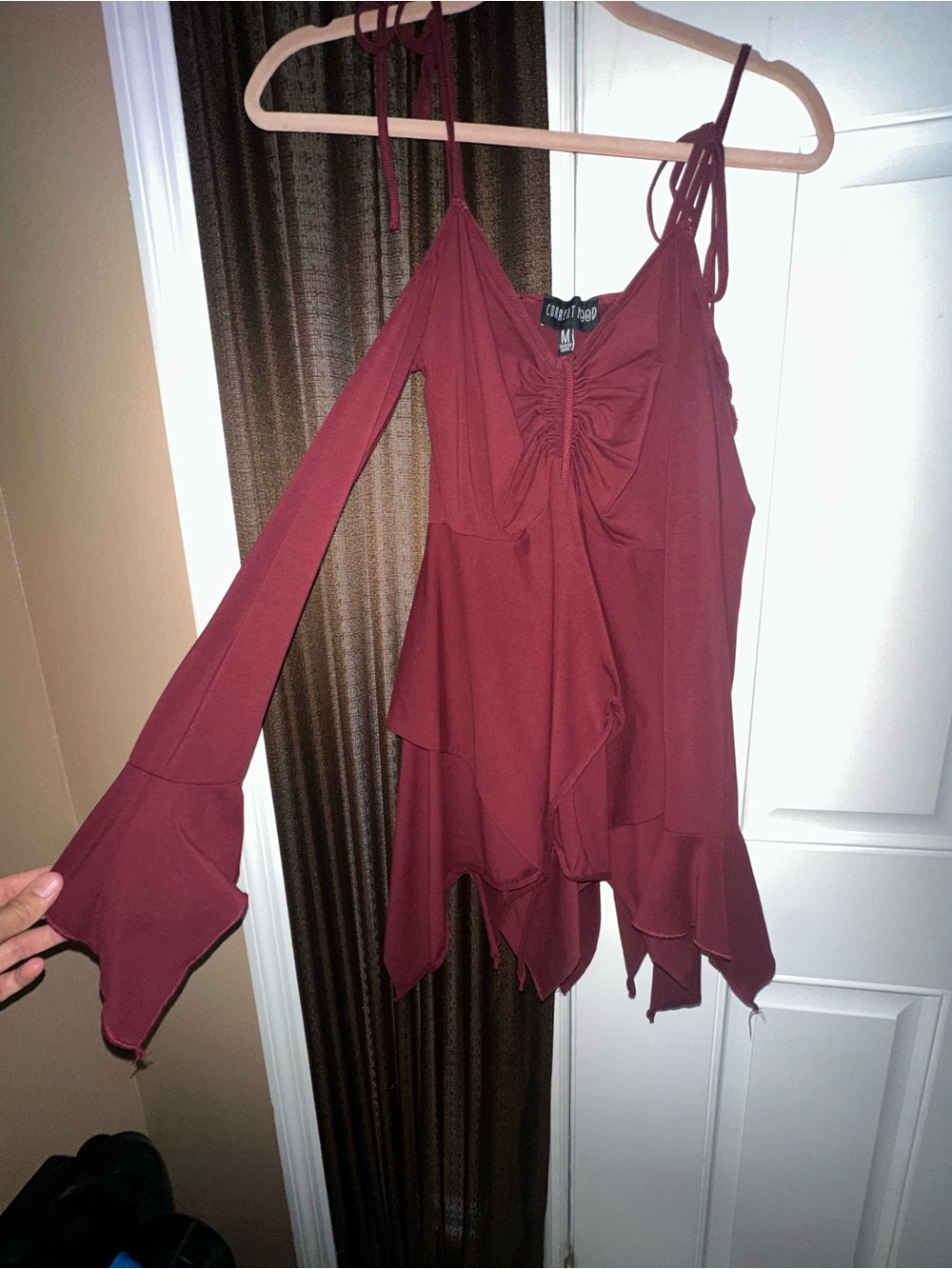 Current Mood Burgundy Cold-Shoulder Ruffle Mini Dress